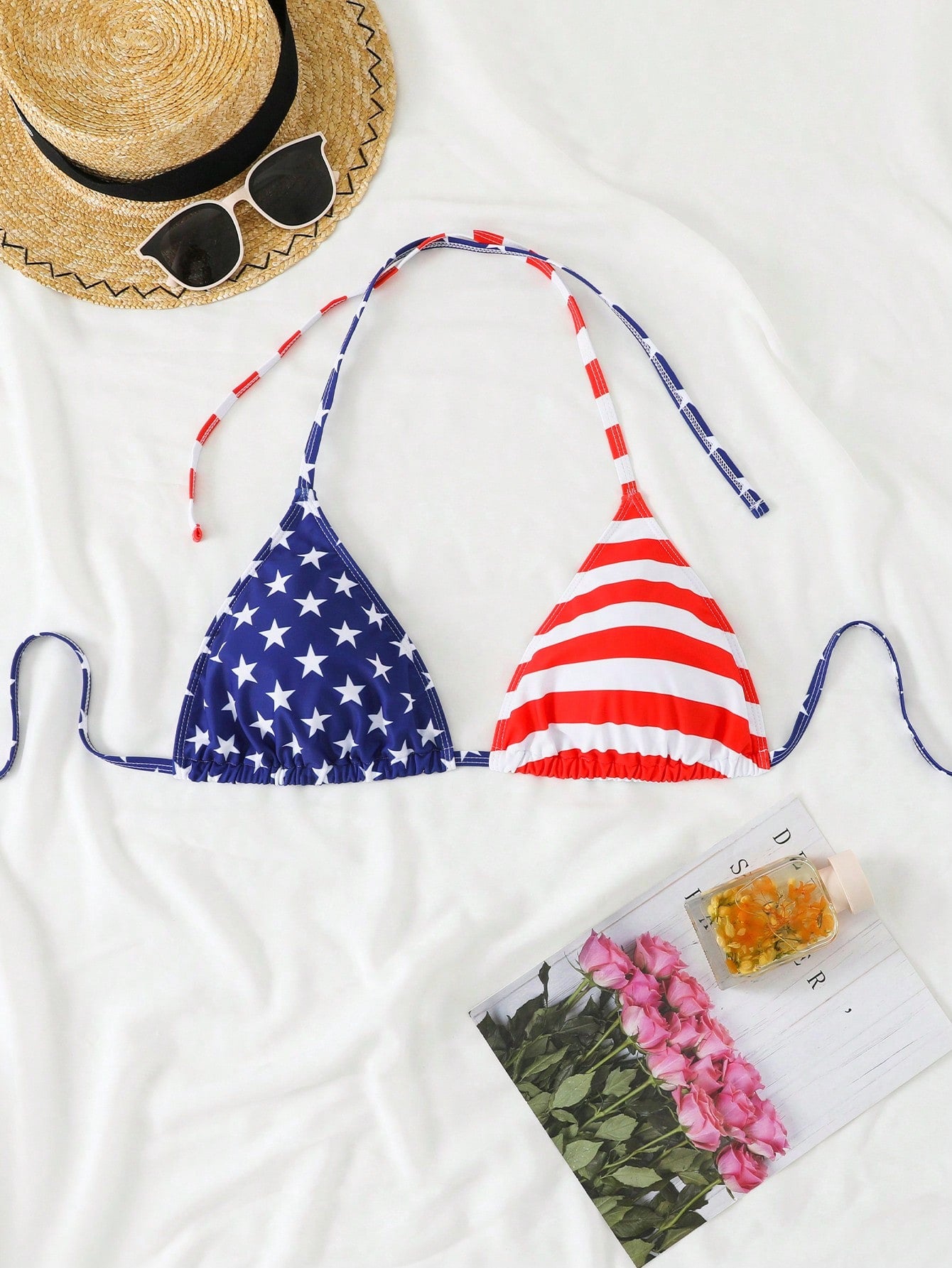 Swim Vcay Plus Size Women 4th Of July USA Flag Print Halter Tie Up Bikini Top, Sexy Fashion For Beach & Pool For Summer Beach Vacation