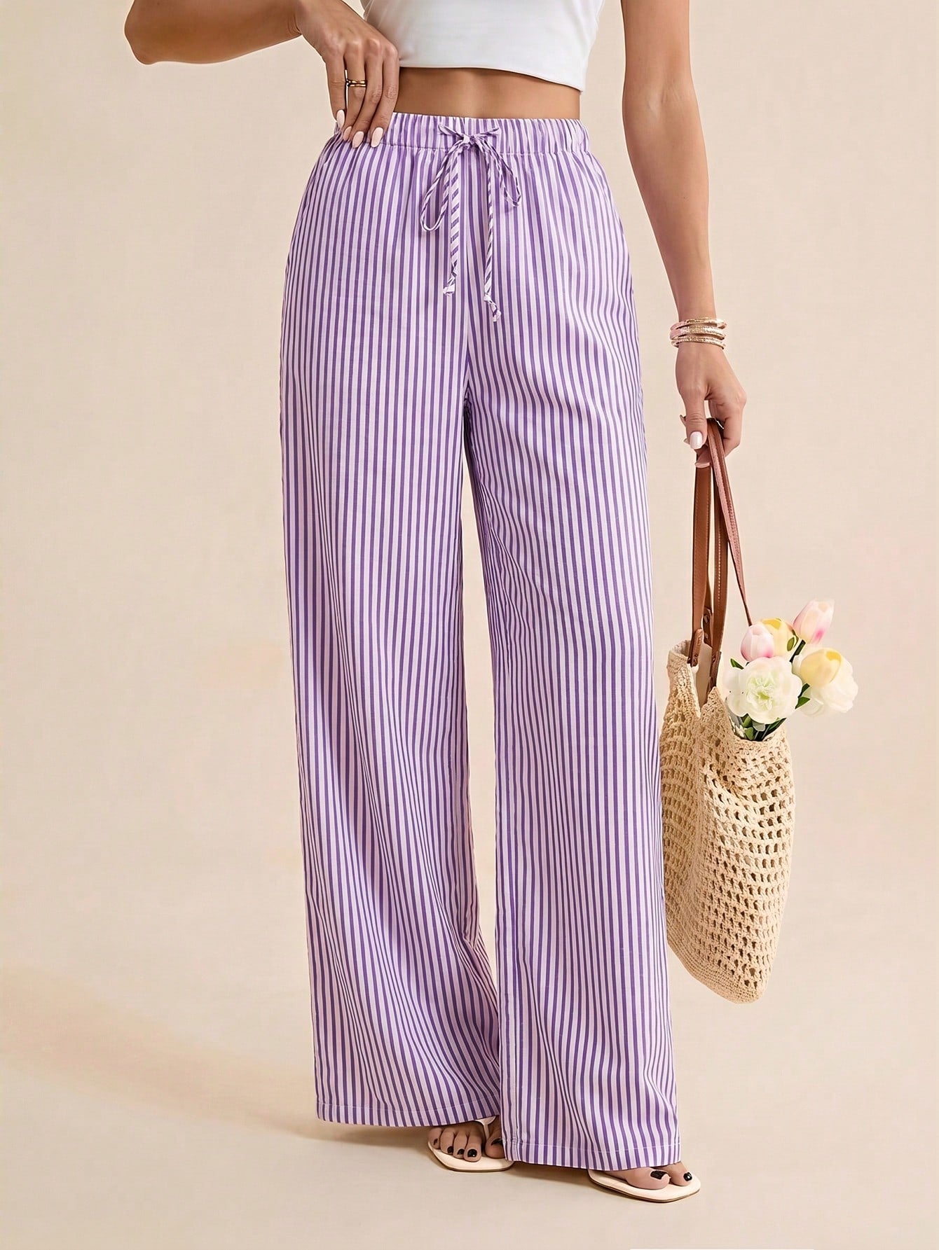 Tall Women's Drawstring Waist Striped Casual Versatile Wide Leg Pants For Daily Wear, Tall Women