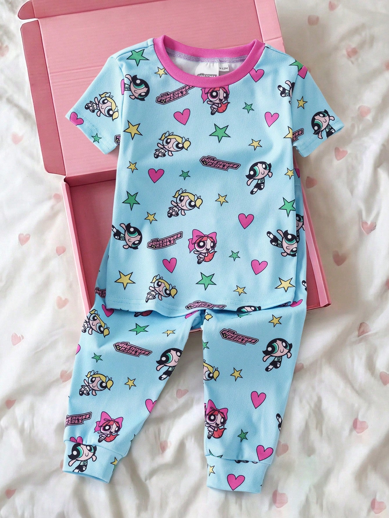 THE POWERPUFF GIRLS X Baby Girl Round Neck Cartoon Print Short Sleeve Top And Long Pants Casual Daily Home Sleepwear Set