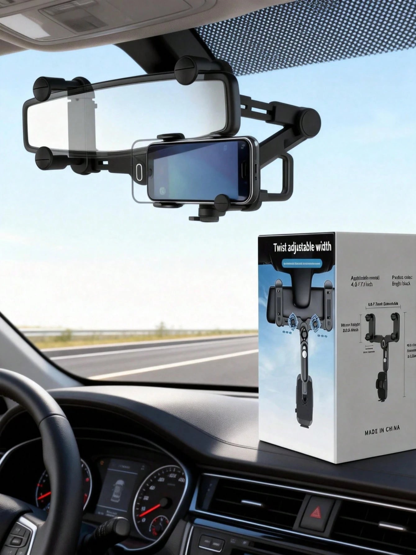 Ultra-Secure Rearview Mirror Phone Holder – Adjustable Quad-Claw & Telescopic Arm, Fits All Phones (4-7") & Most Car Mirrors