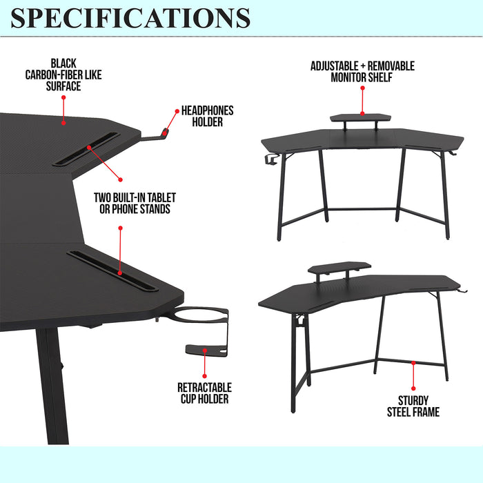 Urban Designs Black Gaming Desk with Accessory Holders and Shelf