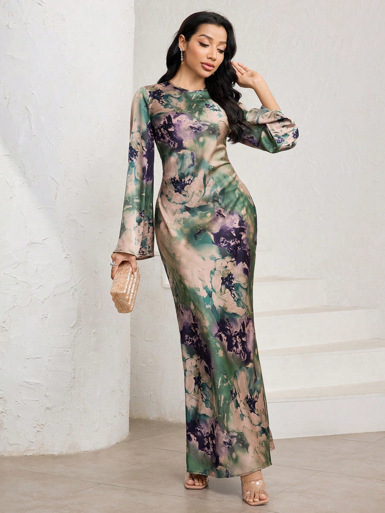 Veilorie Women's Elegant Mature Sage Green Tie Dye Print Flared Long Sleeve Mermaid Hem Wedding Guest Dinner Dress Autumn Tea Party Birthday Outfits