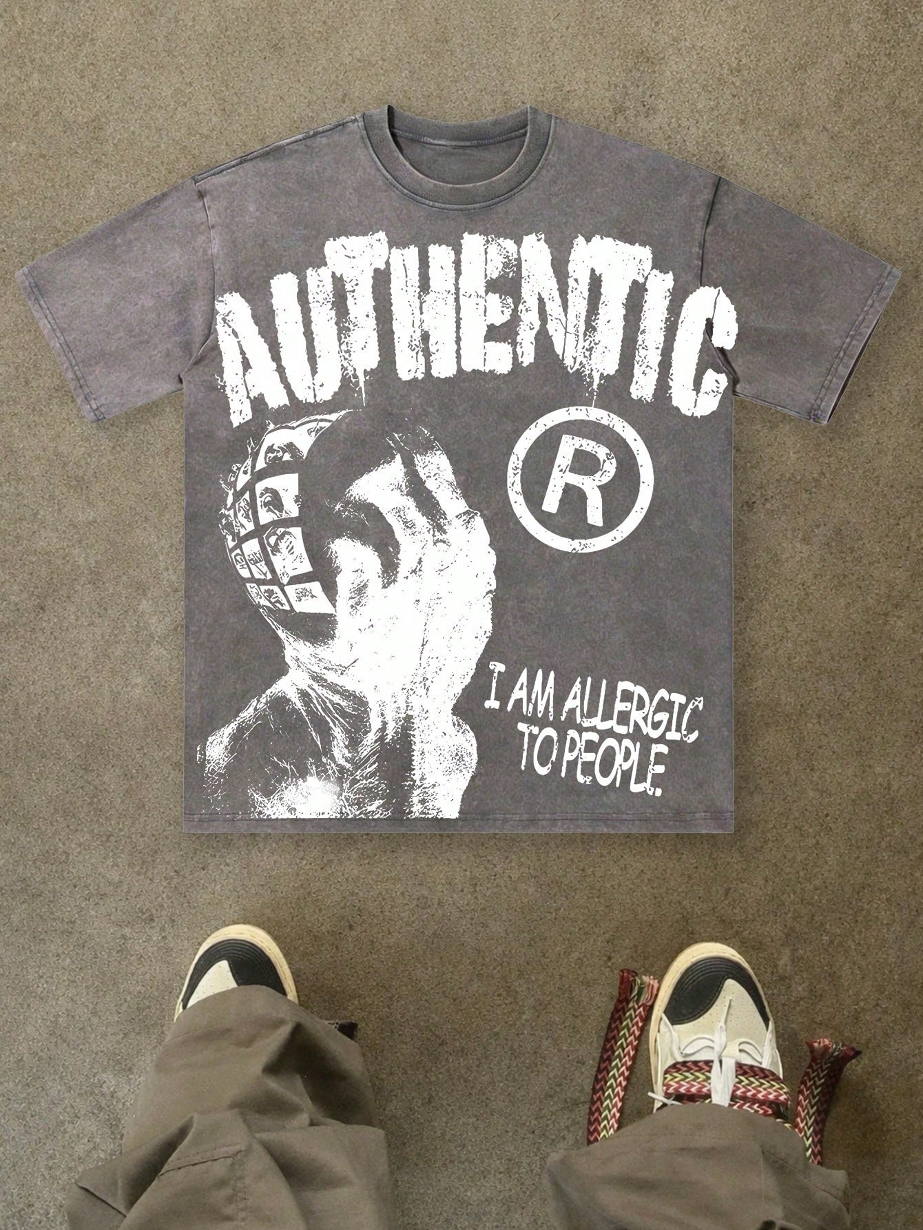 Vintage Washed Cotton 230g Printed T-Shirt, AUTHENTIC Abstract Portrait "I AM ALLERGIC TO PEOPLE" Theme, Distressed Washed Craft, Streetwear Cotton Tee, Holiday Gift