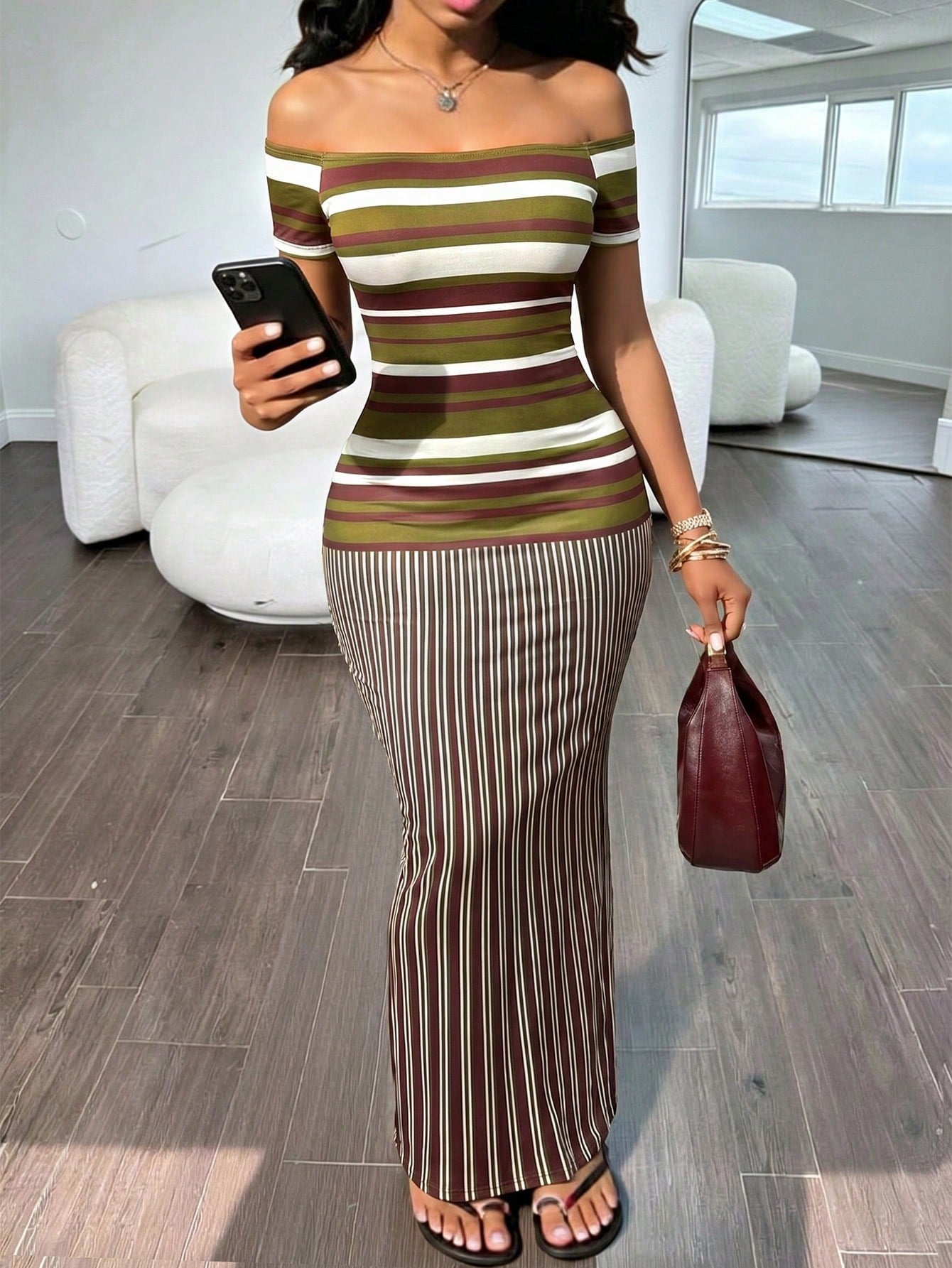 Women's Fashion Casual Striped Print Off-Shoulder Short Sleeve Fitted Slit Maxi Dress Elegant Summer
