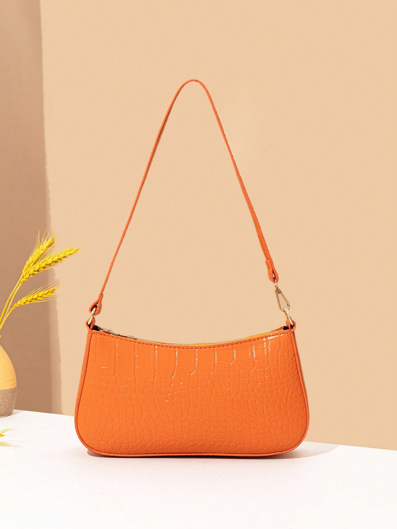 Women's Fashion Solid Color Crocodile Pattern Baguette Shoulder Bag
