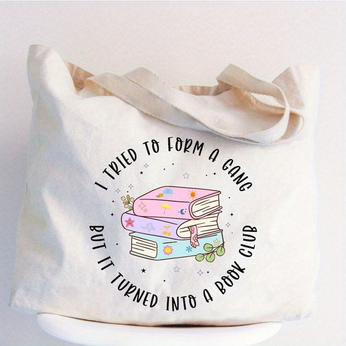 Women's Funny Book Lover Tote Bag- "I Tried To Form A Gang But It Turned Into A Book Club" Printed Grocery Bag With Pastel Books & Stars Design- Lightweight Polyester Canvas For Library, Birthday Pa