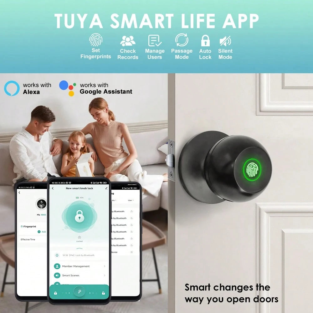 YFK Biometric Smart Fingerprint Door Handle, Keyless Entry Bedroom Door Lock With APP Control & Backup Mechanical Key, Interior Security Lock For Bedroom, Apartment & Office, Black/Silver