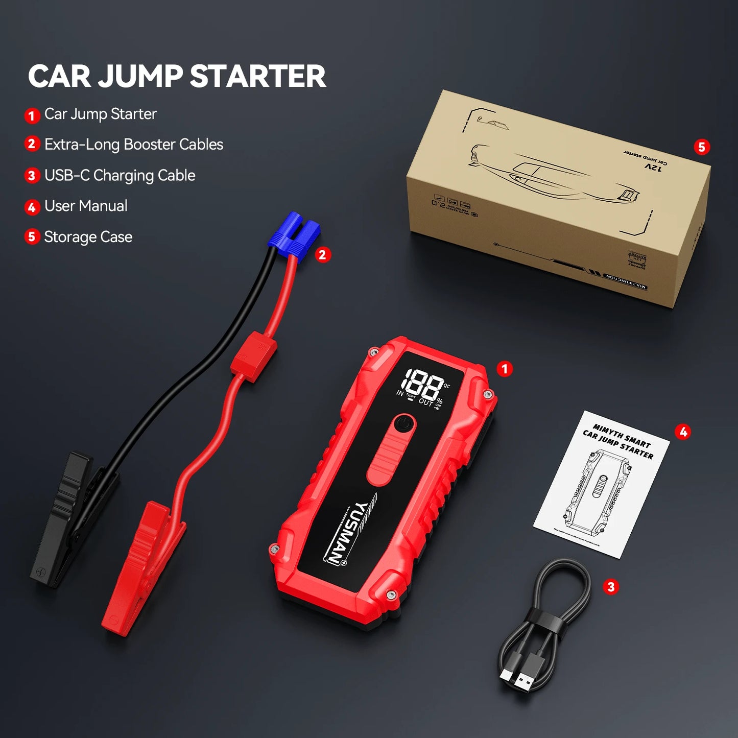 YUSMAN 7000A Portable Car Starter Battery Pack- Jump Box With Jumper Cables, Fast Charging, Large Display, Lights For All Gasoline/ 10.0L