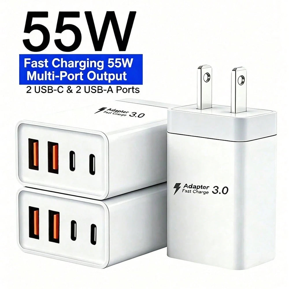 1/2/3pcs 55W 4-Port Power Adapter With 2 USB-A And 2 USB-C Ports, Compatible With IPhone 17/16/15/14/13/12 And Galaxy S26/S25/S24/S23 Series Phones, Suitable For Home, Office And Travel Daily Power Su