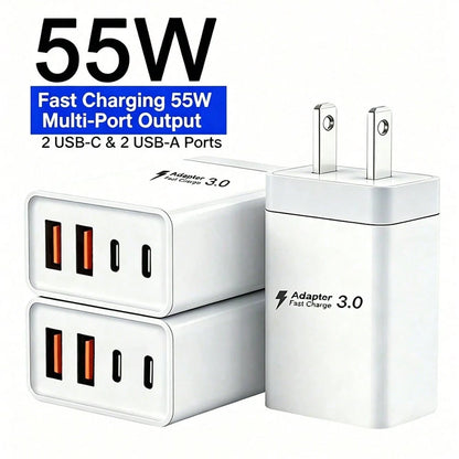 1/2/3pcs 55W 4-Port Power Adapter With 2 USB-A And 2 USB-C Ports, Compatible With IPhone 17/16/15/14/13/12 And Galaxy S26/S25/S24/S23 Series Phones, Suitable For Home, Office And Travel Daily Power Su
