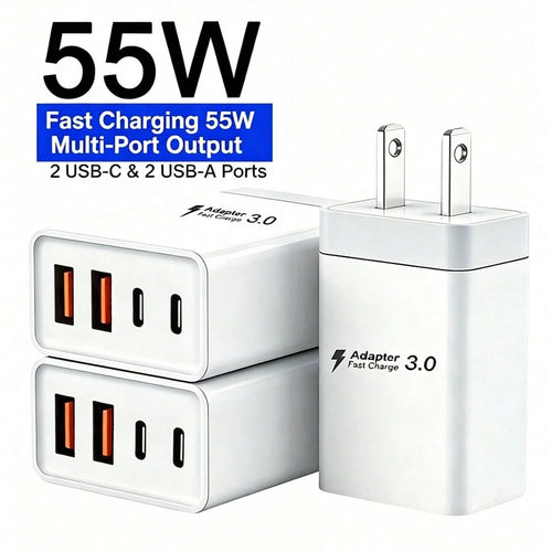 1/2/3pcs 55W 4-Port Power Adapter With 2 USB-A And 2 USB-C Ports, Compatible With IPhone 17/16/15/14/13/12 And Galaxy S26/S25/S24/S23 Series Phones, Suitable For Home, Office And Travel Daily Power Su