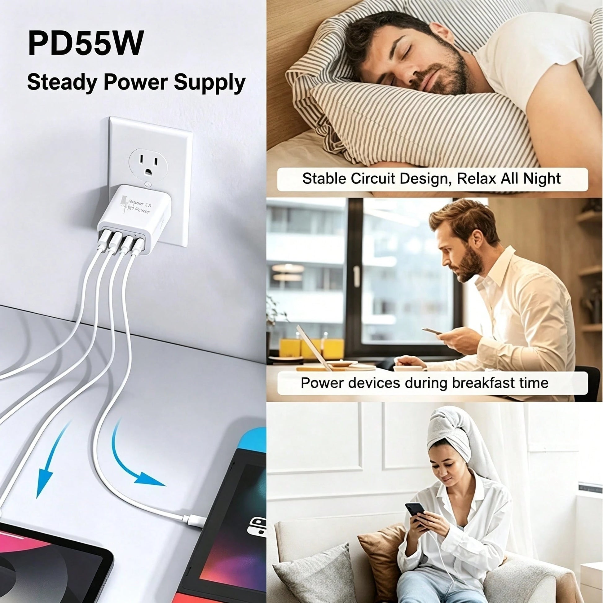 1/2/3pcs 55W 4-Port Power Adapter With 2 USB-A And 2 USB-C Ports, Compatible With IPhone 17/16/15/14/13/12 And Galaxy S26/S25/S24/S23 Series Phones, Suitable For Home, Office And Travel Daily Power Su