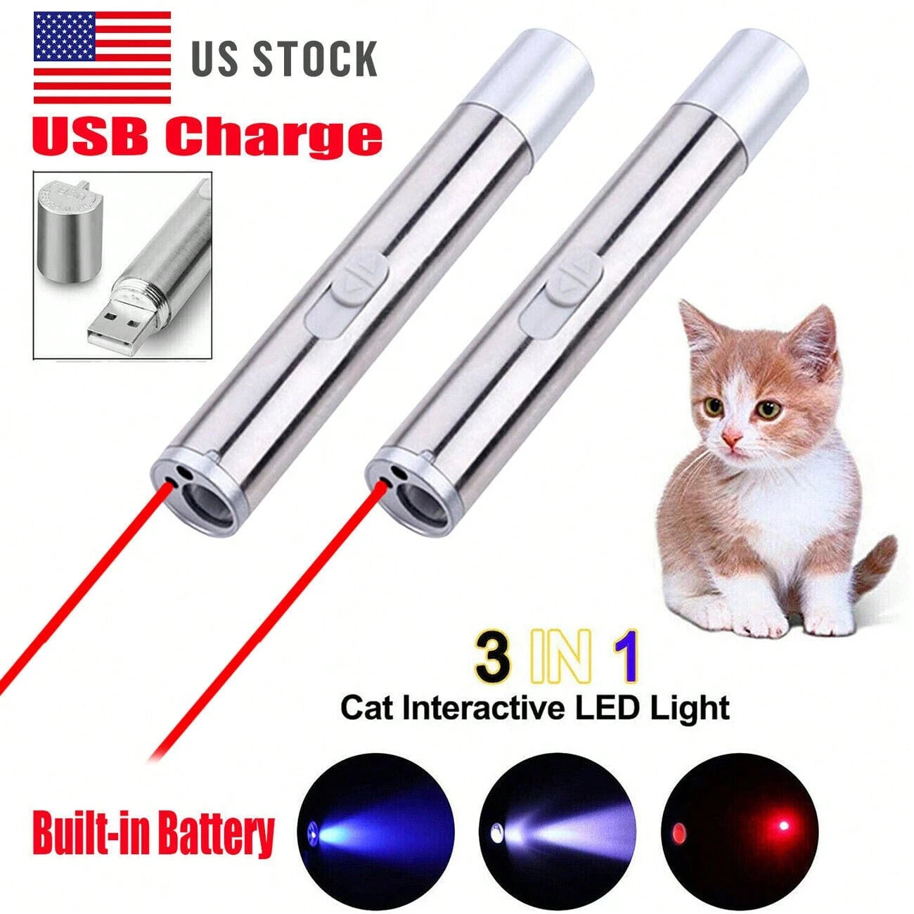 1/2 Three-In-One Pen-Type Flashlight- Pet Ultraviolet Detector, USB Rechargeable Red Light Flashlight, Cat Toy And Emergency Light
