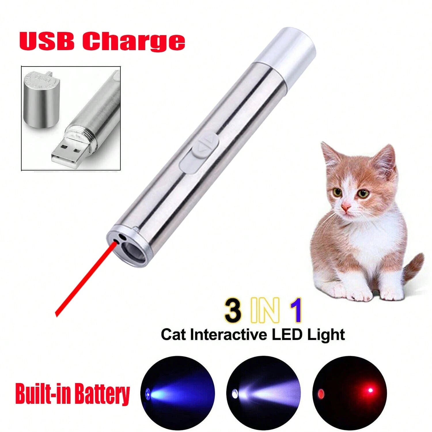 1/2 Three-In-One Pen-Type Flashlight- Pet Ultraviolet Detector, USB Rechargeable Red Light Flashlight, Cat Toy And Emergency Light