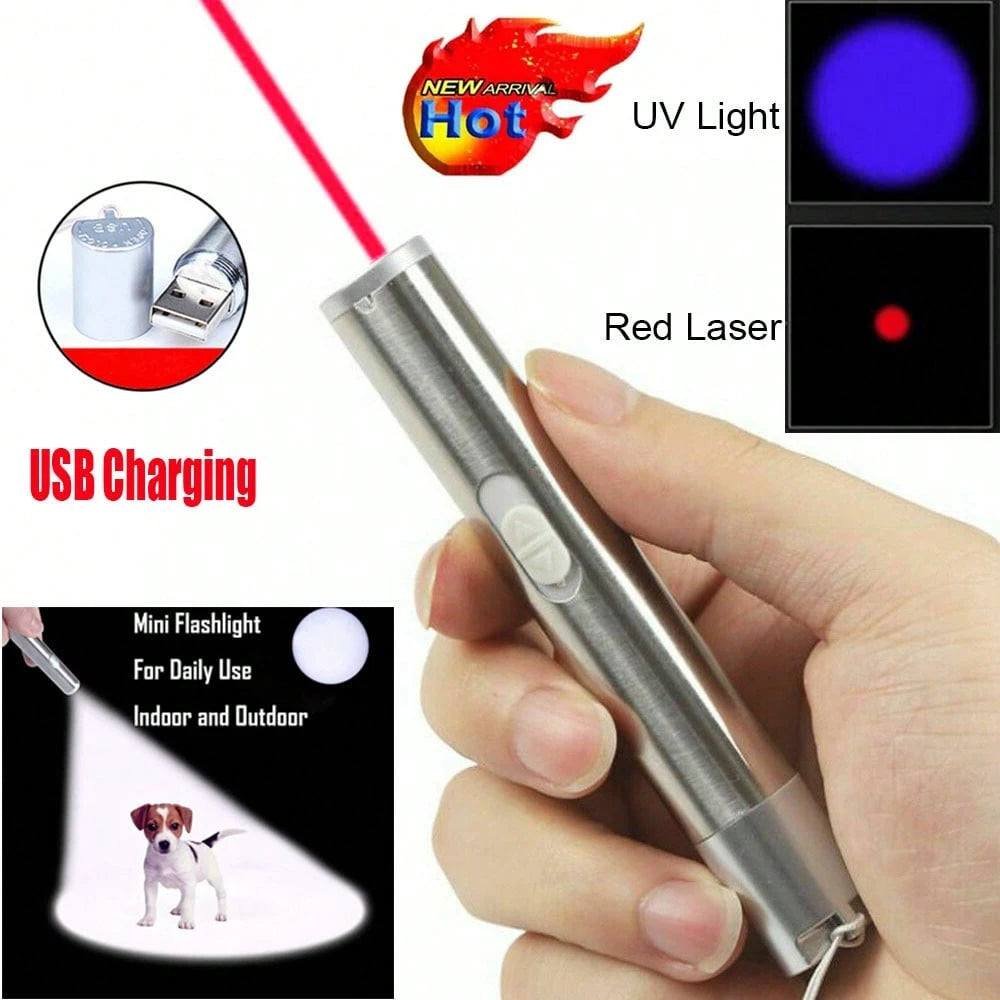 1/2 Three-In-One Pen-Type Flashlight- Pet Ultraviolet Detector, USB Rechargeable Red Light Flashlight, Cat Toy And Emergency Light