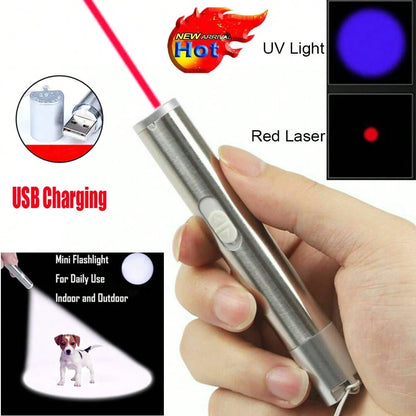 1/2 Three-In-One Pen-Type Flashlight- Pet Ultraviolet Detector, USB Rechargeable Red Light Flashlight, Cat Toy And Emergency Light