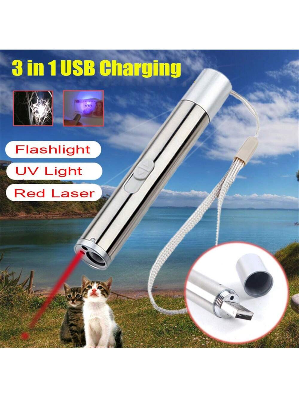 1/2 Three-In-One Pen-Type Flashlight- Pet Ultraviolet Detector, USB Rechargeable Red Light Flashlight, Cat Toy And Emergency Light