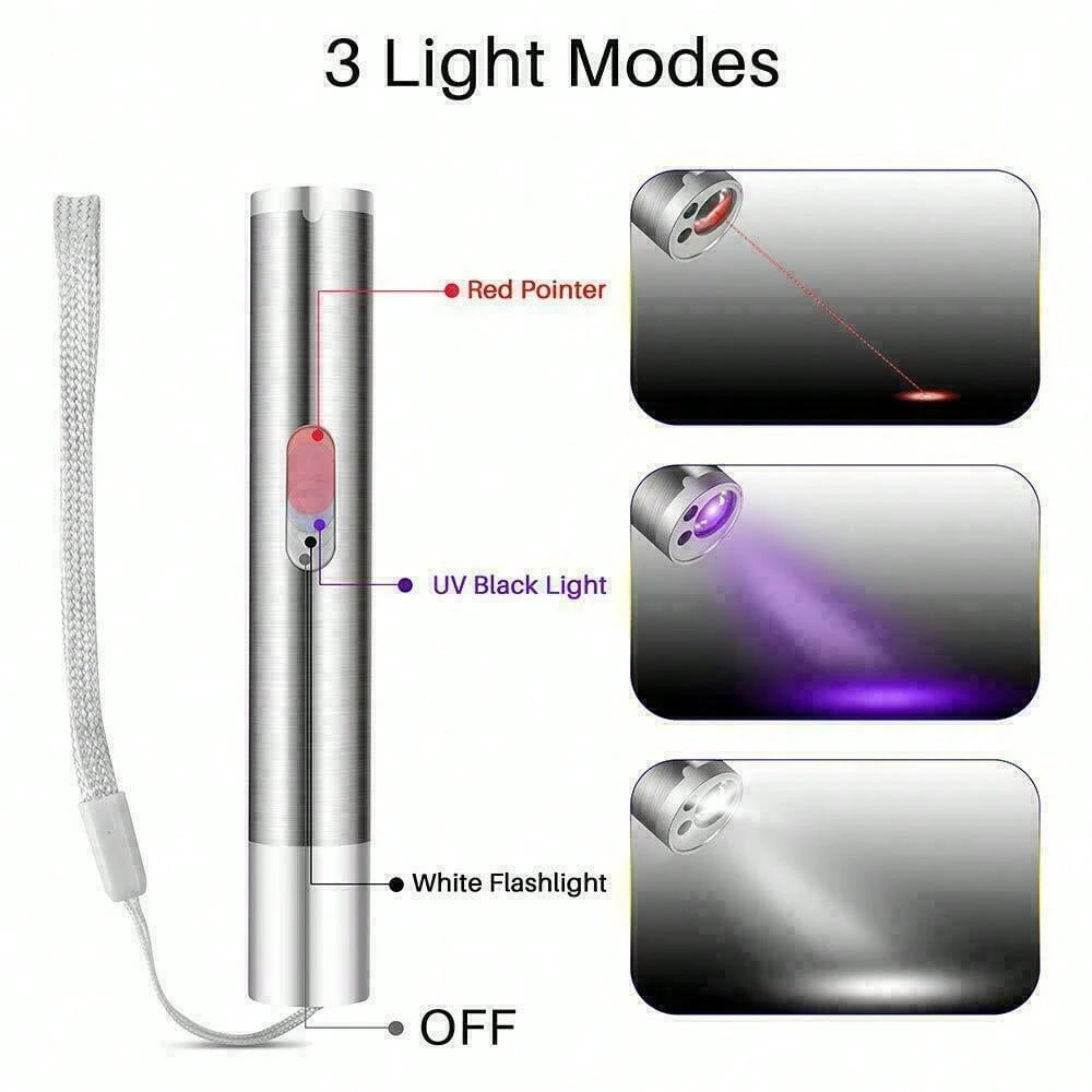 1/2 Three-In-One Pen-Type Flashlight- Pet Ultraviolet Detector, USB Rechargeable Red Light Flashlight, Cat Toy And Emergency Light
