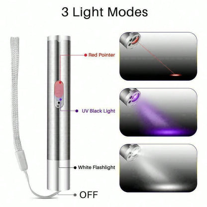 1/2 Three-In-One Pen-Type Flashlight- Pet Ultraviolet Detector, USB Rechargeable Red Light Flashlight, Cat Toy And Emergency Light