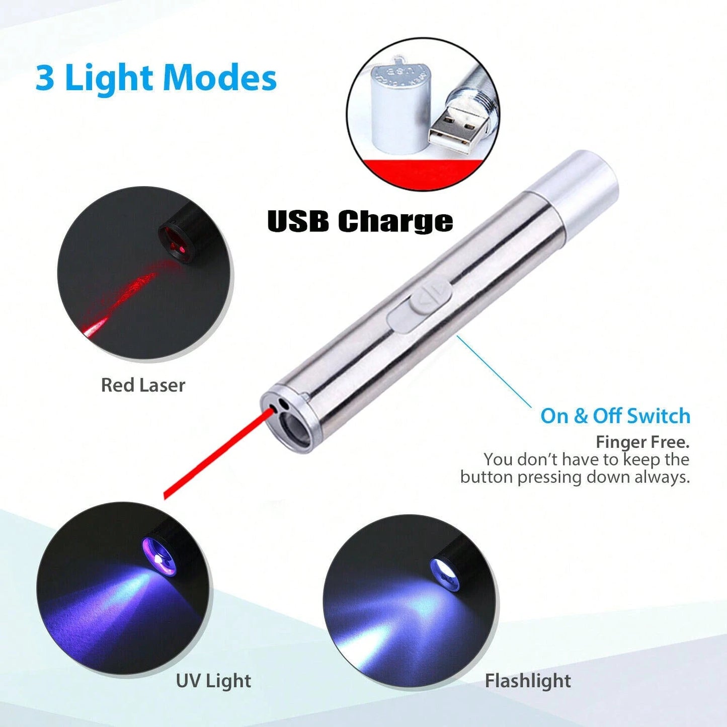 1/2 Three-In-One Pen-Type Flashlight- Pet Ultraviolet Detector, USB Rechargeable Red Light Flashlight, Cat Toy And Emergency Light