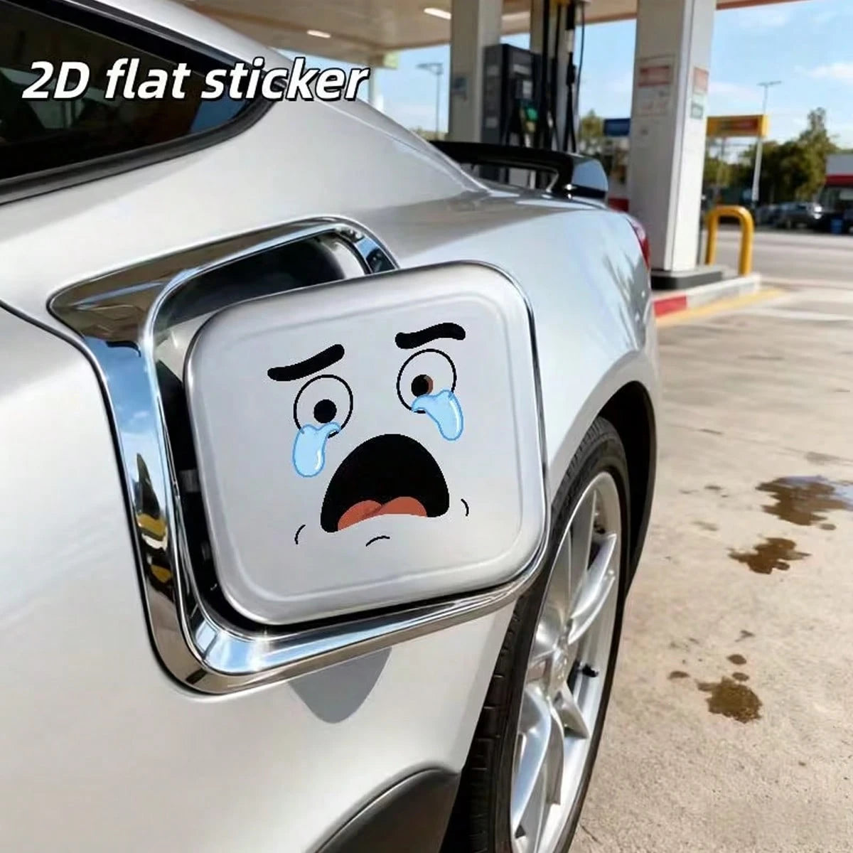 1 2D Flat Sticker Cartoon Face Design With Tears, Car Fuel Cap Sticker, Minimalist Car Decal
