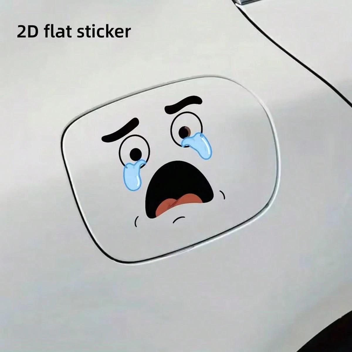 1 2D Flat Sticker Cartoon Face Design With Tears, Car Fuel Cap Sticker, Minimalist Car Decal