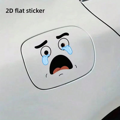 1 2D Flat Sticker Cartoon Face Design With Tears, Car Fuel Cap Sticker, Minimalist Car Decal