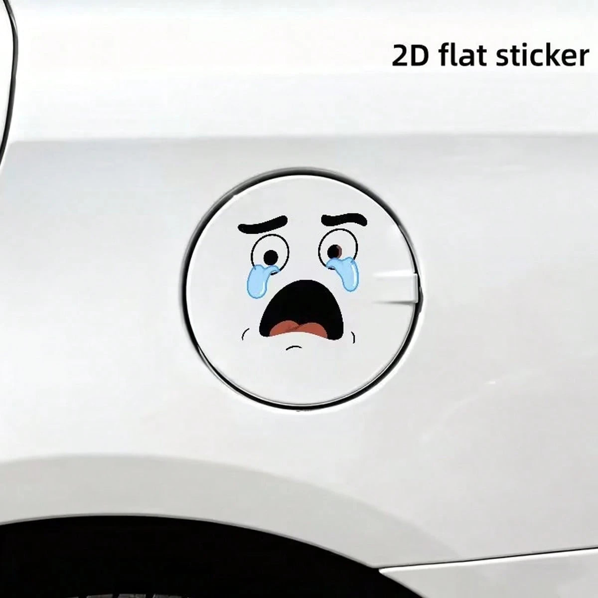 1 2D Flat Sticker Cartoon Face Design With Tears, Car Fuel Cap Sticker, Minimalist Car Decal