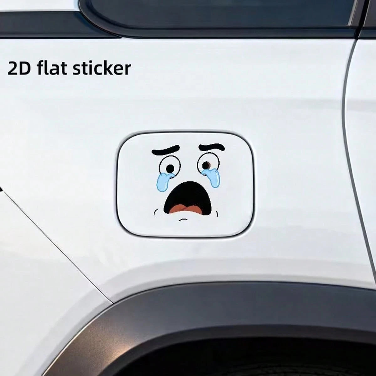1 2D Flat Sticker Cartoon Face Design With Tears, Car Fuel Cap Sticker, Minimalist Car Decal