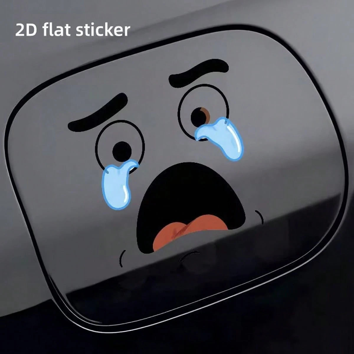 1 2D Flat Sticker Cartoon Face Design With Tears, Car Fuel Cap Sticker, Minimalist Car Decal