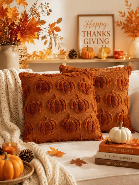 1/2Pcs Autumn Pumpkin Throw Pillow Cover- Soft Suede Jacquard, Zipper Closure, Beige With Orange Pumpkin Design, 18x18 Inches- Soft Fall Decor For Sofas And Bedrooms, Farmhouse Style, Holiday Home D