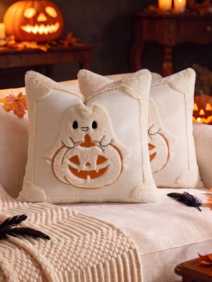 1/2pcs Beige Halloween Cute Ghost Pumpkin Decorative Pillow Case, Front Quilted Ghost Pumpkin, Back Dutch Velvet Fabric, Square Cushion Cover, Holiday Home Pillowcase Decor, Soft Comfortable Velvet Fa