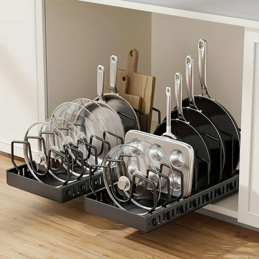 1/2pcs Cabinet Pull-Out Storage Box For Pots, Pans, Bowls, And Utensils. Sliding Lid Holder And Flat-Bottom Pan Holder For The Kitchen. Sliding Storage Box Within The Cabinet. Can Store Lid, Baking To