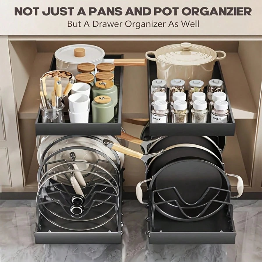 1/2pcs Cabinet Pull-Out Storage Box For Pots, Pans, Bowls, And Utensils. Sliding Lid Holder And Flat-Bottom Pan Holder For The Kitchen. Sliding Storage Box Within The Cabinet. Can Store Lid, Baking To