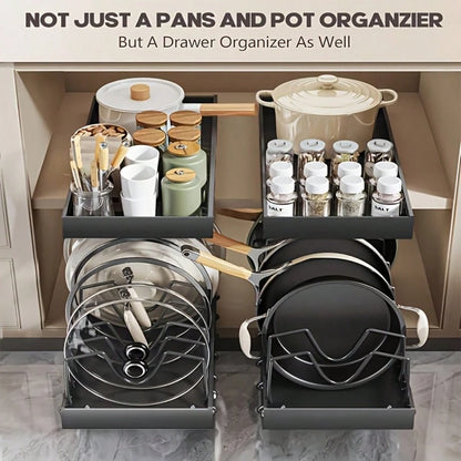 1/2pcs Cabinet Pull-Out Storage Box For Pots, Pans, Bowls, And Utensils. Sliding Lid Holder And Flat-Bottom Pan Holder For The Kitchen. Sliding Storage Box Within The Cabinet. Can Store Lid, Baking To