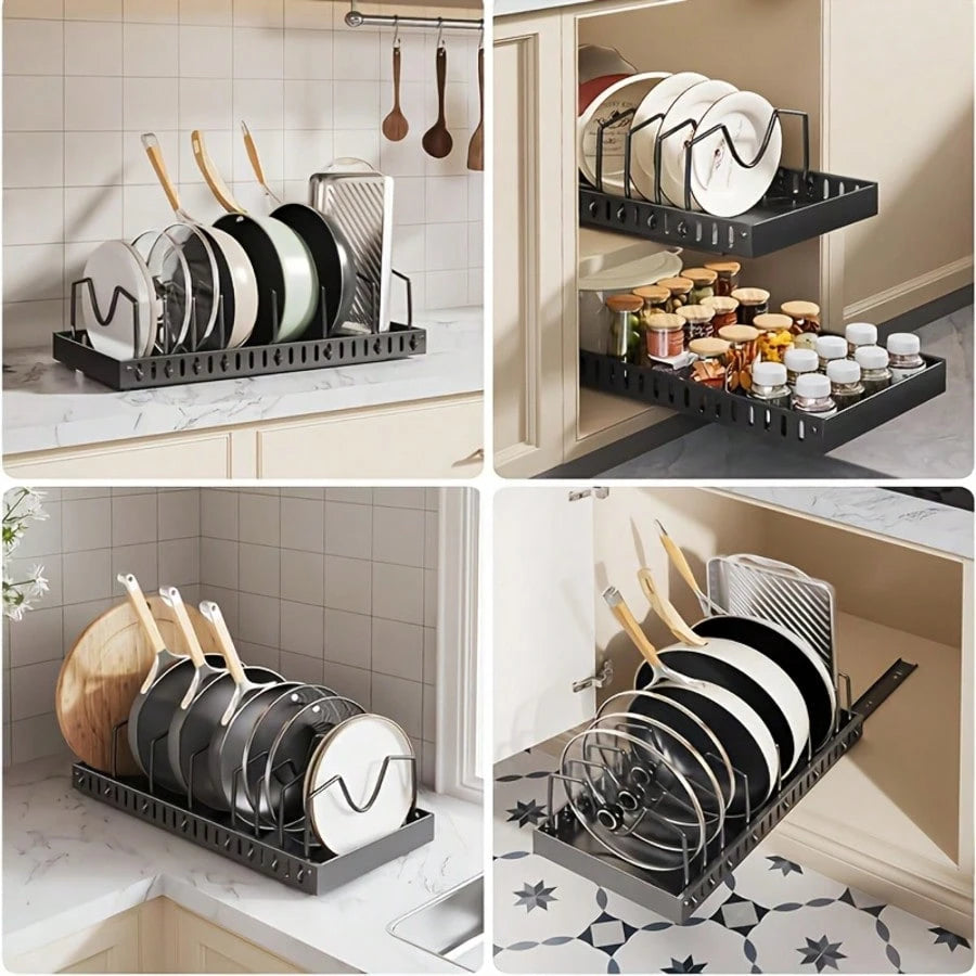 1/2pcs Cabinet Pull-Out Storage Box For Pots, Pans, Bowls, And Utensils. Sliding Lid Holder And Flat-Bottom Pan Holder For The Kitchen. Sliding Storage Box Within The Cabinet. Can Store Lid, Baking To