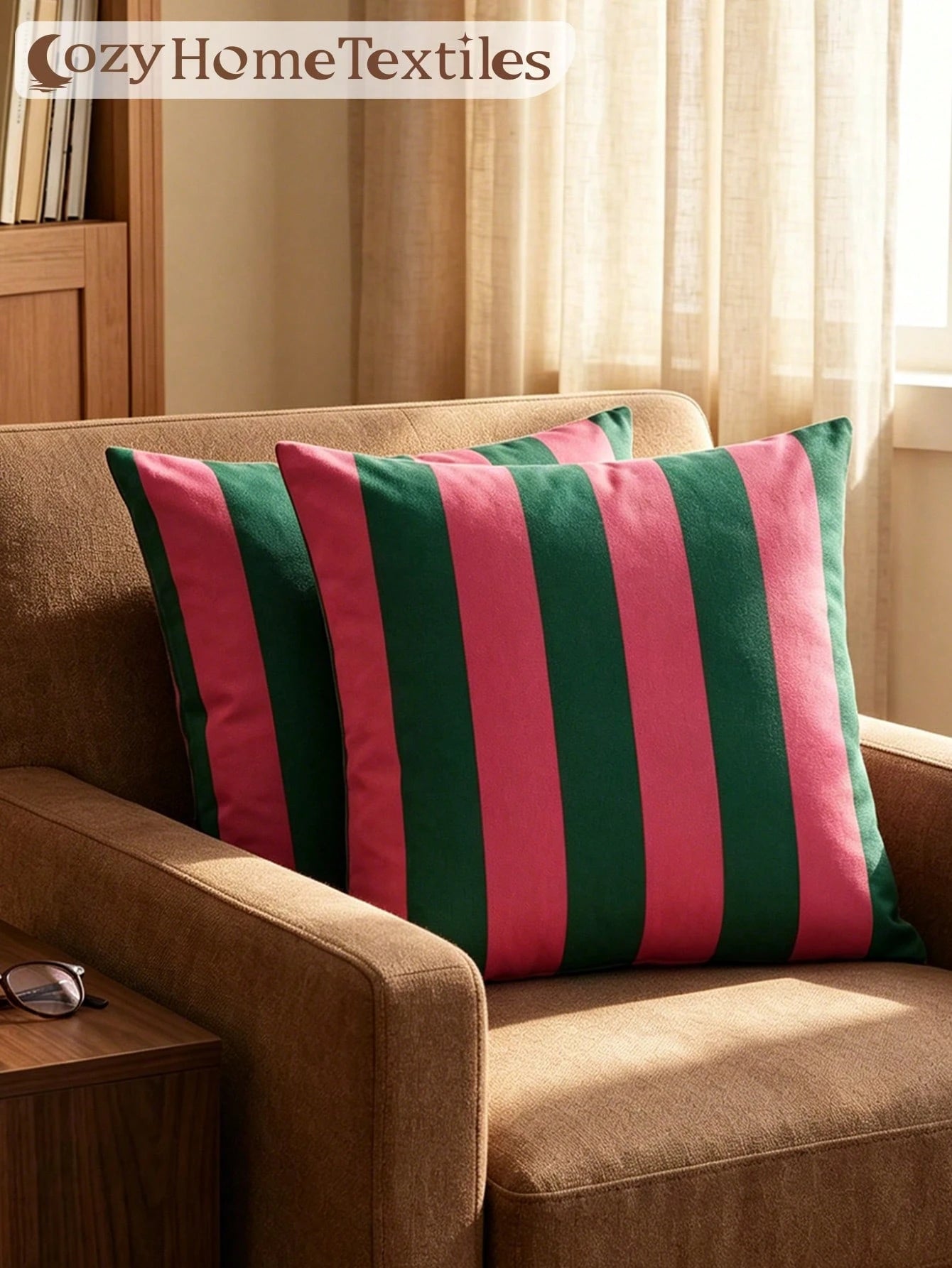 1/2pcs Classic Versatile Green & Red Striped Pillowcase/Cushion Cover, Single-Sided Print, Breathable & Anti-Pilling, Comfortable & Skin-Friendly, Machine Washable, Suitable For Sofa And Car Pillows