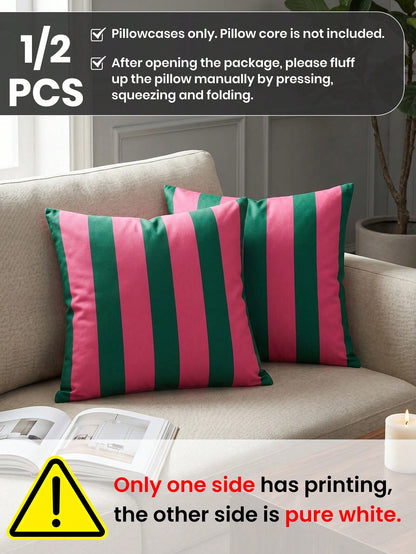1/2pcs Classic Versatile Green & Red Striped Pillowcase/Cushion Cover, Single-Sided Print, Breathable & Anti-Pilling, Comfortable & Skin-Friendly, Machine Washable, Suitable For Sofa And Car Pillows