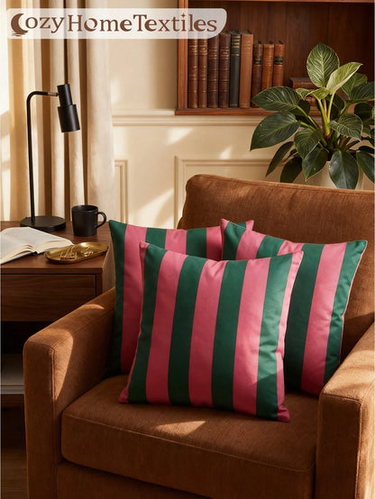 1/2pcs Classic Versatile Green & Red Striped Pillowcase/Cushion Cover, Single-Sided Print, Breathable & Anti-Pilling, Comfortable & Skin-Friendly, Machine Washable, Suitable For Sofa And Car Pillows