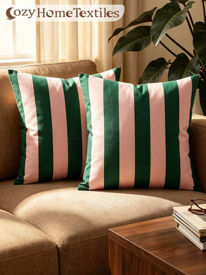 1/2pcs Classic Versatile Green & Red Striped Pillowcase/Cushion Cover, Single-Sided Print, Breathable & Anti-Pilling, Comfortable & Skin-Friendly, Machine Washable, Suitable For Sofa And Car Pillows