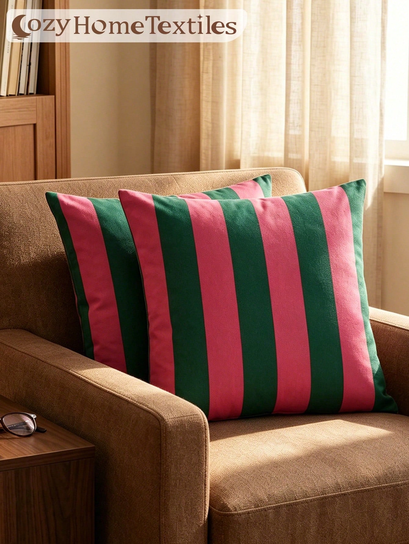 1/2pcs Classic Versatile Green & Red Striped Pillowcase/Cushion Cover, Single-Sided Print, Breathable & Anti-Pilling, Comfortable & Skin-Friendly, Machine Washable, Suitable For Sofa And Car Pillows