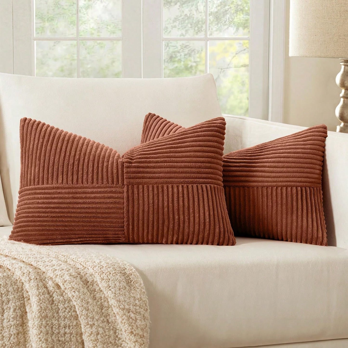 1/2pcs Throw Pillow Cover, Halloween Caramel Geometric Patchwork Corduroy Striped Pattern, Bohemian Sofa Cushion, Decorative Pillow Sham, Sofa Cushion, Decorative Pillow Sham, Office, Living Room
