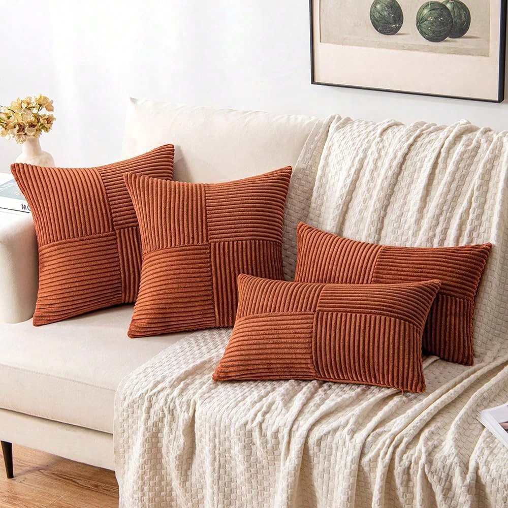 1/2pcs Throw Pillow Cover, Halloween Caramel Geometric Patchwork Corduroy Striped Pattern, Bohemian Sofa Cushion, Decorative Pillow Sham, Sofa Cushion, Decorative Pillow Sham, Office, Living Room