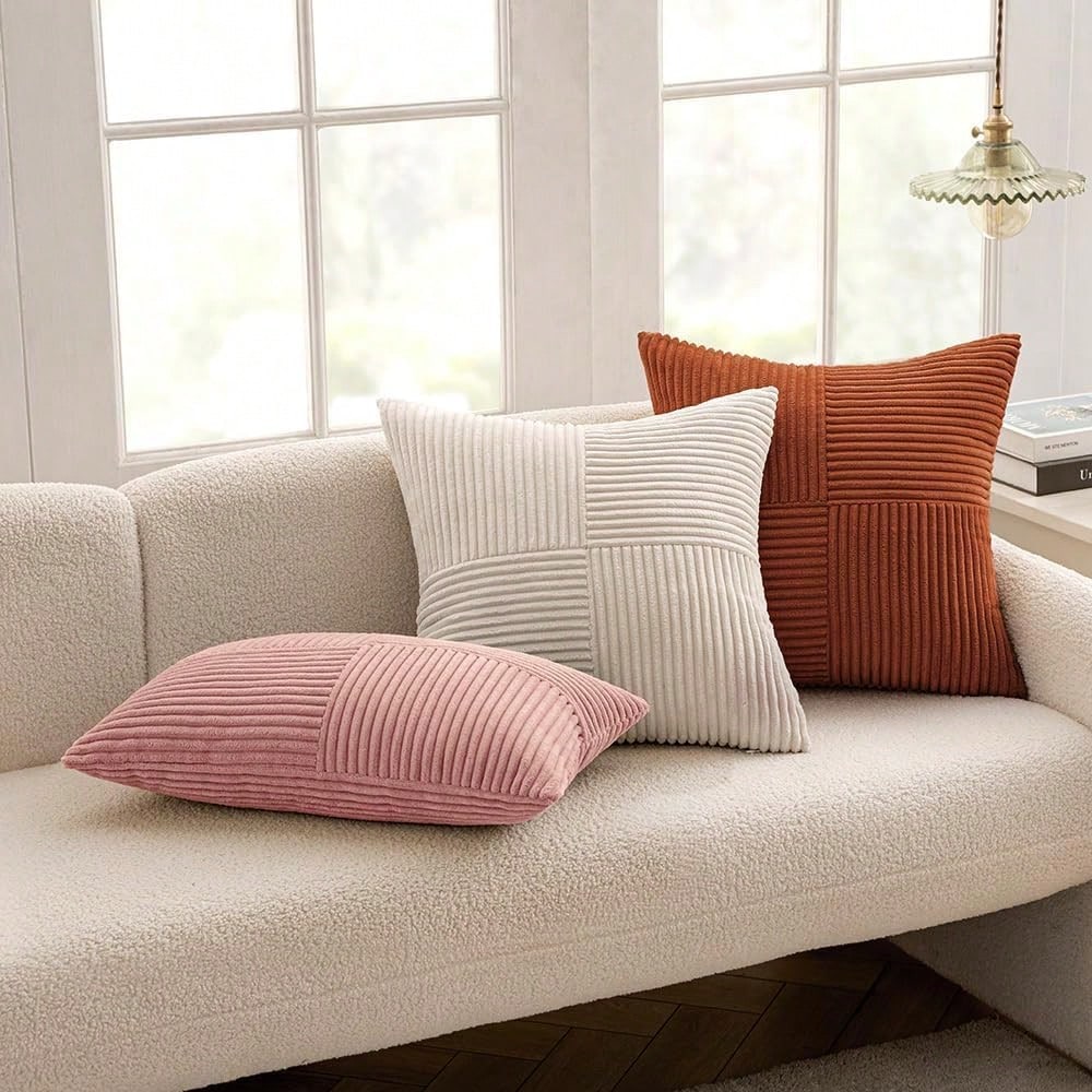 1/2pcs Throw Pillow Cover, Halloween Caramel Geometric Patchwork Corduroy Striped Pattern, Bohemian Sofa Cushion, Decorative Pillow Sham, Sofa Cushion, Decorative Pillow Sham, Office, Living Room