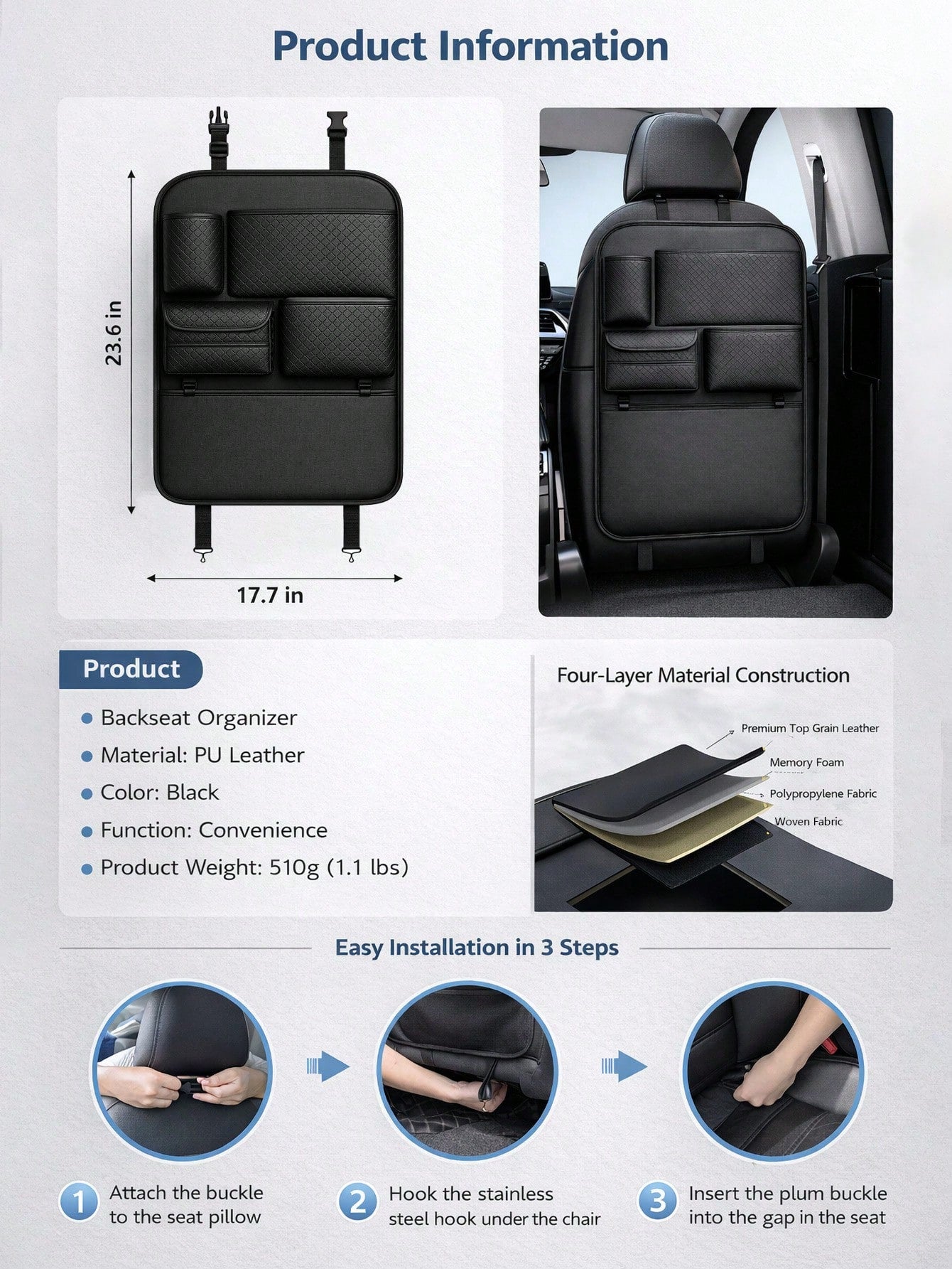 1/2pcs Universal Car Backseat Organizer, Waterproof Kick Mats, Storage Pockets, Road Trip Car Accessories Interior Women