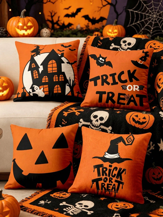1/4pcs New Halloween Pattern Pillowcase, Halloween-Themed Cushion Cover, Decorative Pillowcase, Square Pillowcase, Halloween Decoration, Decorative Pillow, Suitable For Living Room, Sofa, And Bedroom