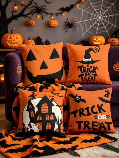 1/4pcs New Halloween Pattern Pillowcase, Halloween-Themed Cushion Cover, Decorative Pillowcase, Square Pillowcase, Halloween Decoration, Decorative Pillow, Suitable For Living Room, Sofa, And Bedroom