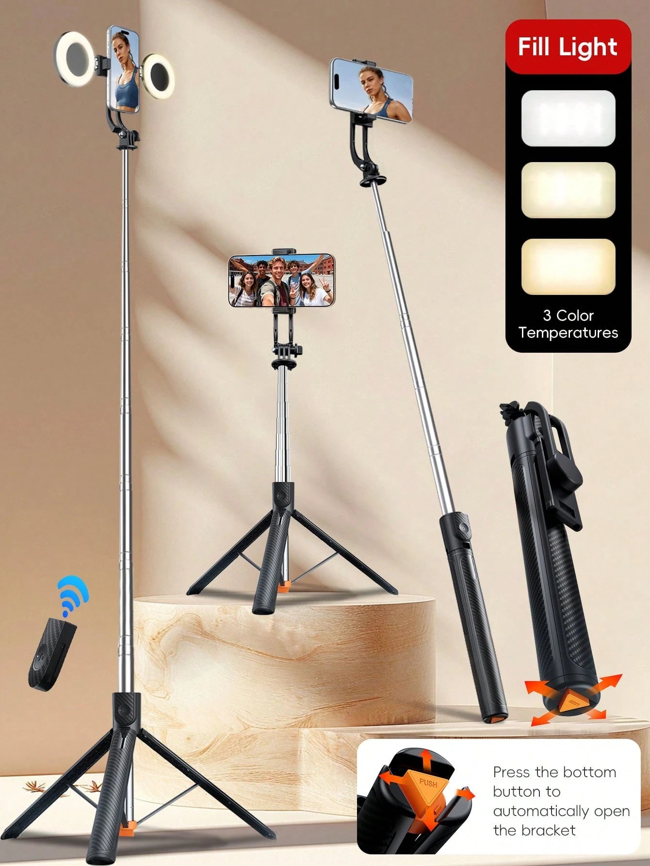1.7m Long Wireless Remote Bluetooth Selfie Stick Made Of Alloy Material, Suitable For Video Recording, Life And Travel Documentation. It Is A Portable Tripod-Style Handheld/Ground Selfie Stick That Op