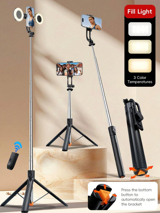 1.7m Long Wireless Remote Bluetooth Selfie Stick Made Of Alloy Material, Suitable For Video Recording, Life And Travel Documentation. It Is A Portable Tripod-Style Handheld/Ground Selfie Stick That Op