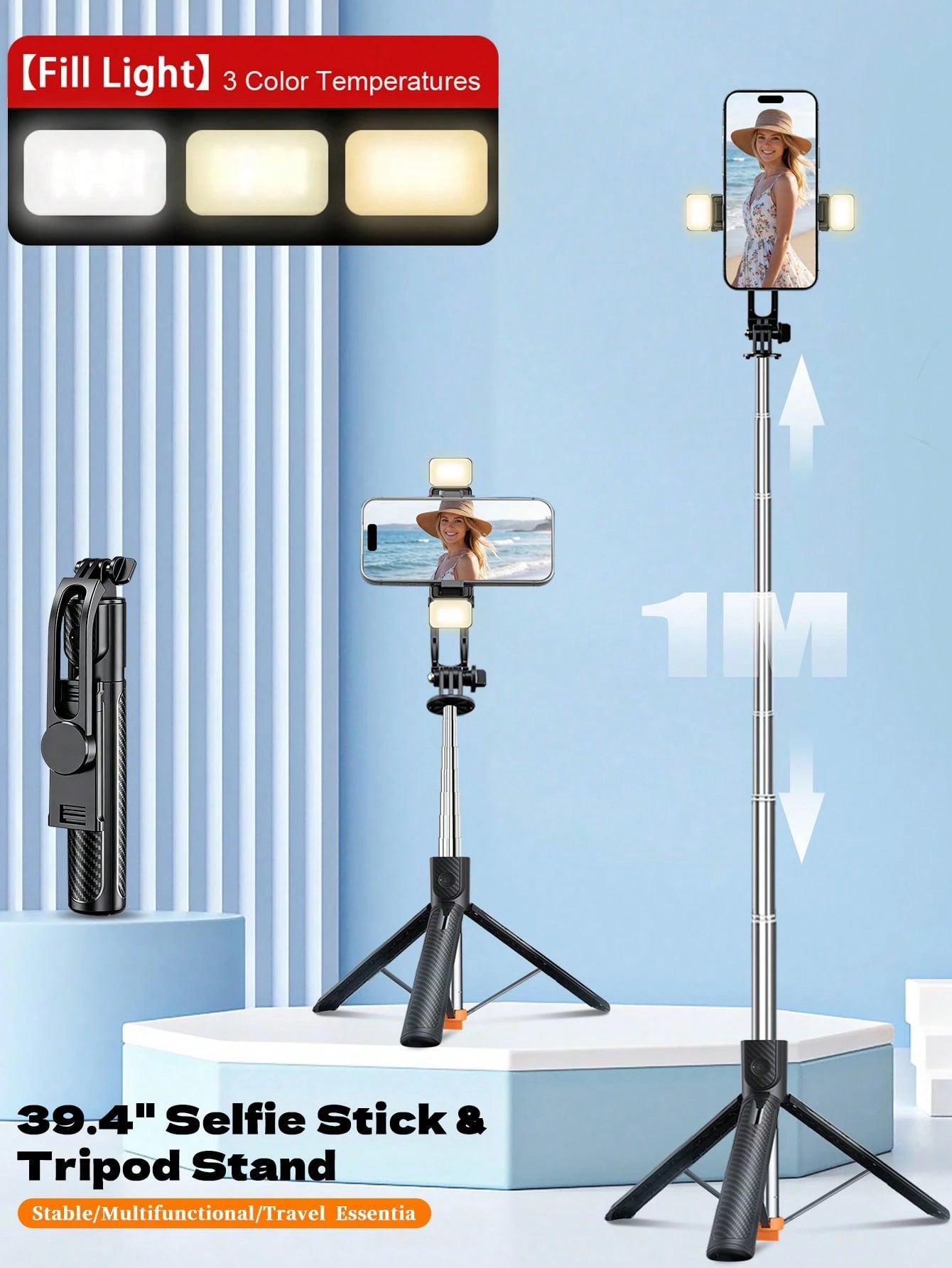 1.7m Long Wireless Remote Bluetooth Selfie Stick Made Of Alloy Material, Suitable For Video Recording, Life And Travel Documentation. It Is A Portable Tripod-Style Handheld/Ground Selfie Stick That Op